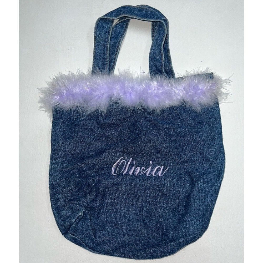 Denim Tote Bag Purse Embroidered Name OLIVIA Small Purple Boa Trim Girls Womens